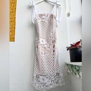 Ina Midi sheath dress with white organza lace overlay and ribbon shoulder ties